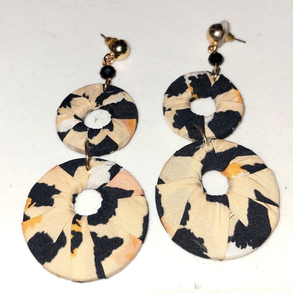 Leopard Fabric Drop Double Circle Earrings - Beige & Black